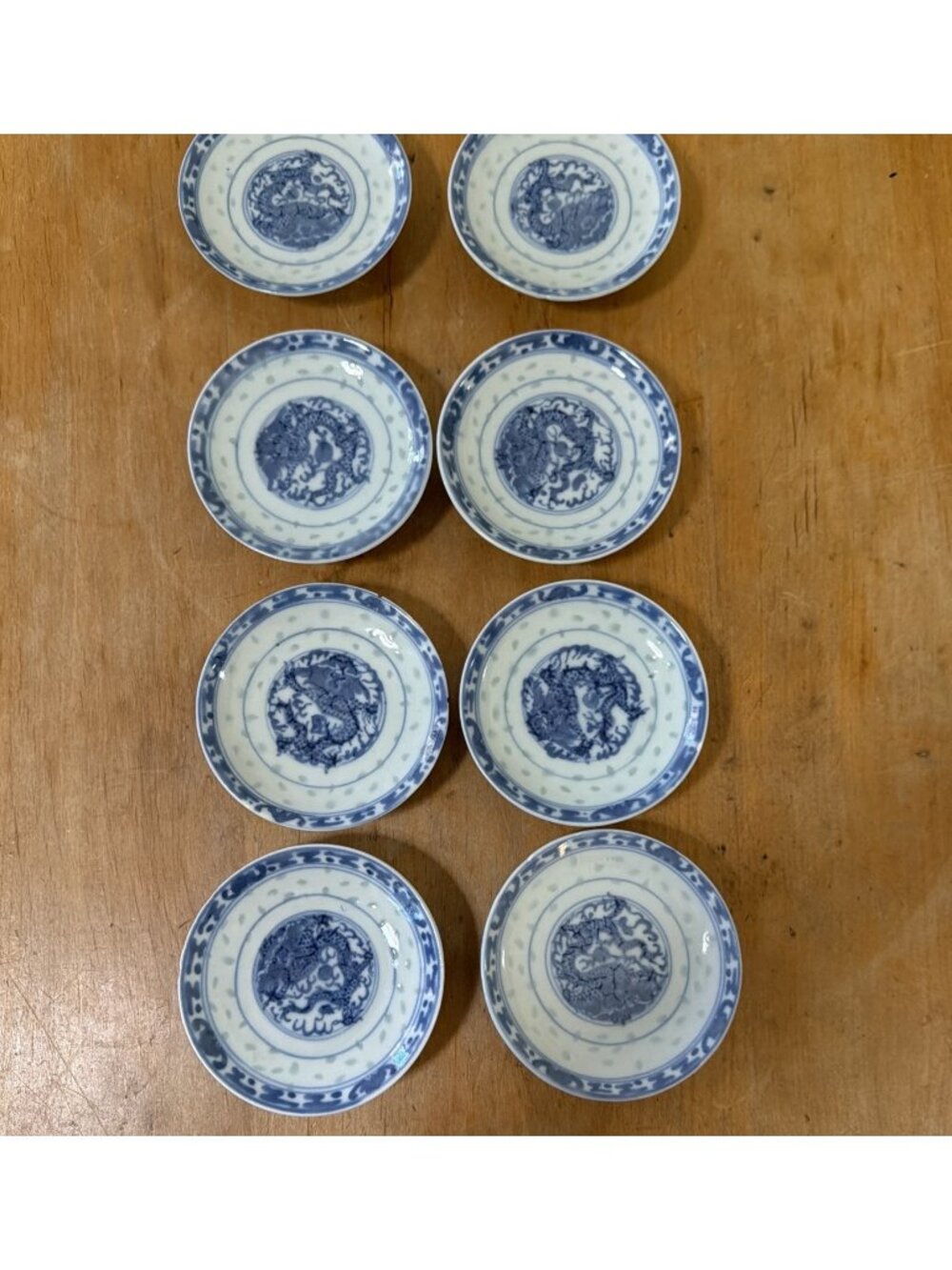 8 Vintage Chinese 3.5” Blue &white Pedestal Central Dragon Medallion Condiment